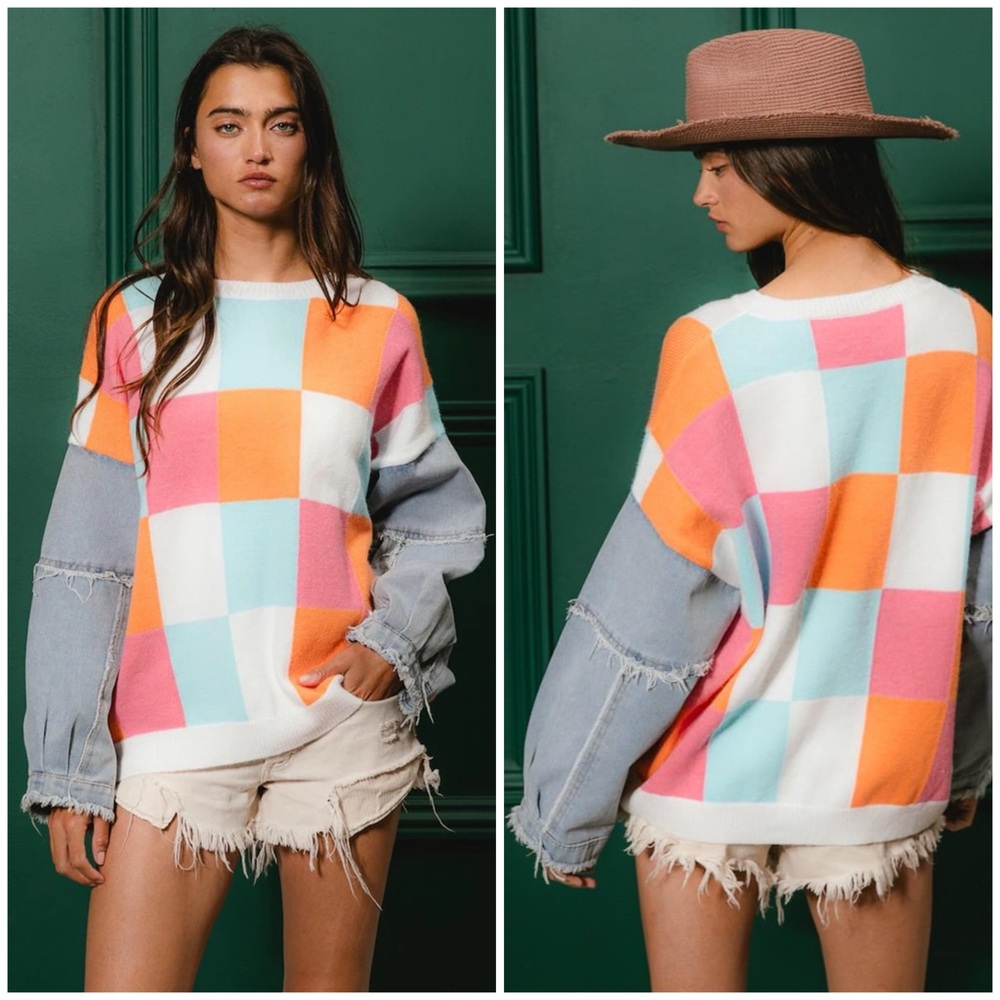 DEBUT ~ Retro Checkered Sweater with Denim Sleeves